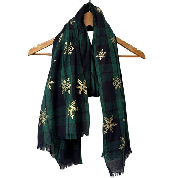 TALBOTS Holiday Snowflakes Scarf Green Navy Blue Plaid Oblong Christmas NWT - Picture 1 of 10
